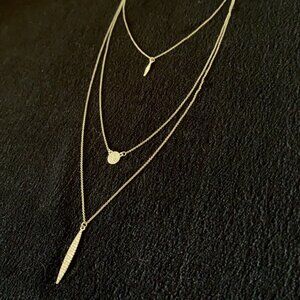 Ann Taylor Signed Necklace Triple Strand Goldtone Chain Crystals Charm Pendant